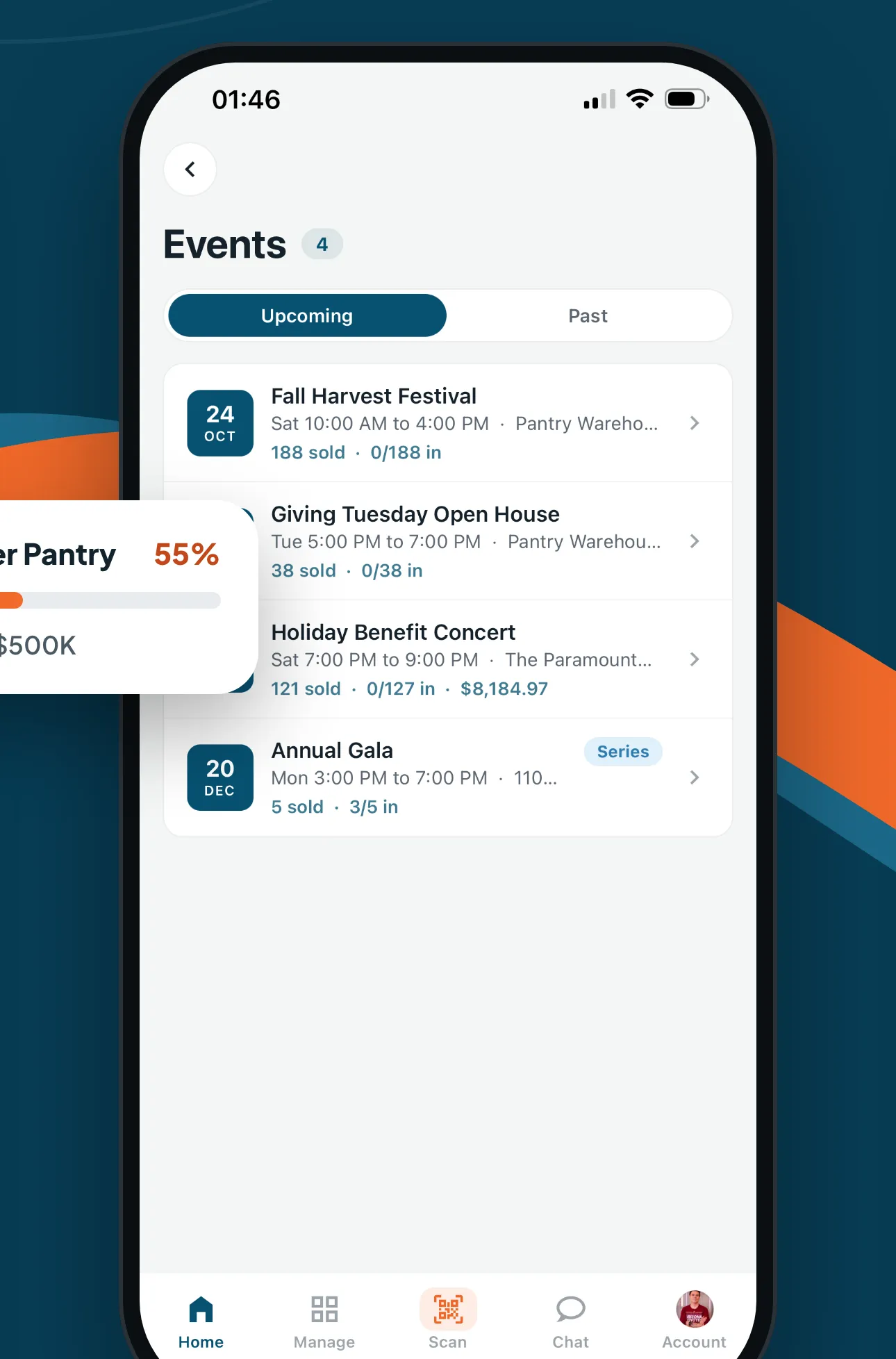 The Events screen listing four upcoming events with tickets sold and guests checked in for each.